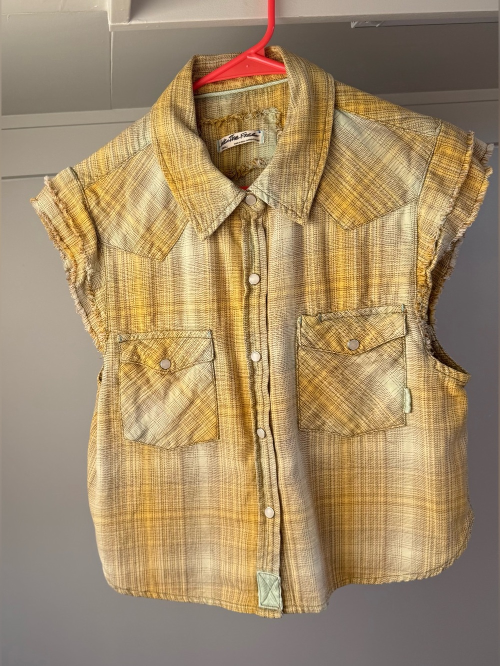 Free People Yellow Plaid Sleeveless Button-Front Shirt size Small